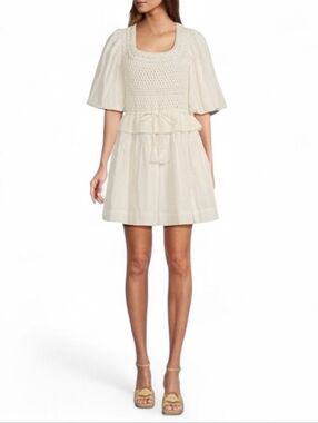 A Loves A Ivory White Crochet Peplum Dress with Puff Sleeves